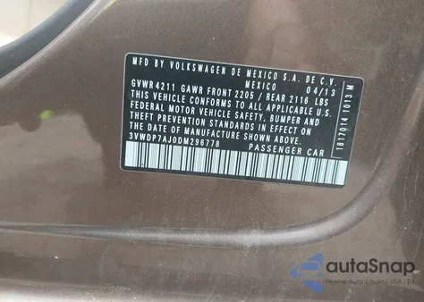 2013 Volkswagen Jetta Se из США, поврежденный, VIN 3VWDP7AJ0DM296778